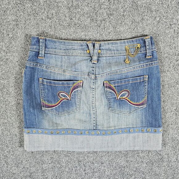Y2K Rocawear Gold Chain Bling Denim Mini Skirt Blue Women's Size 5 Act 27x14 - Picture 1 of 8